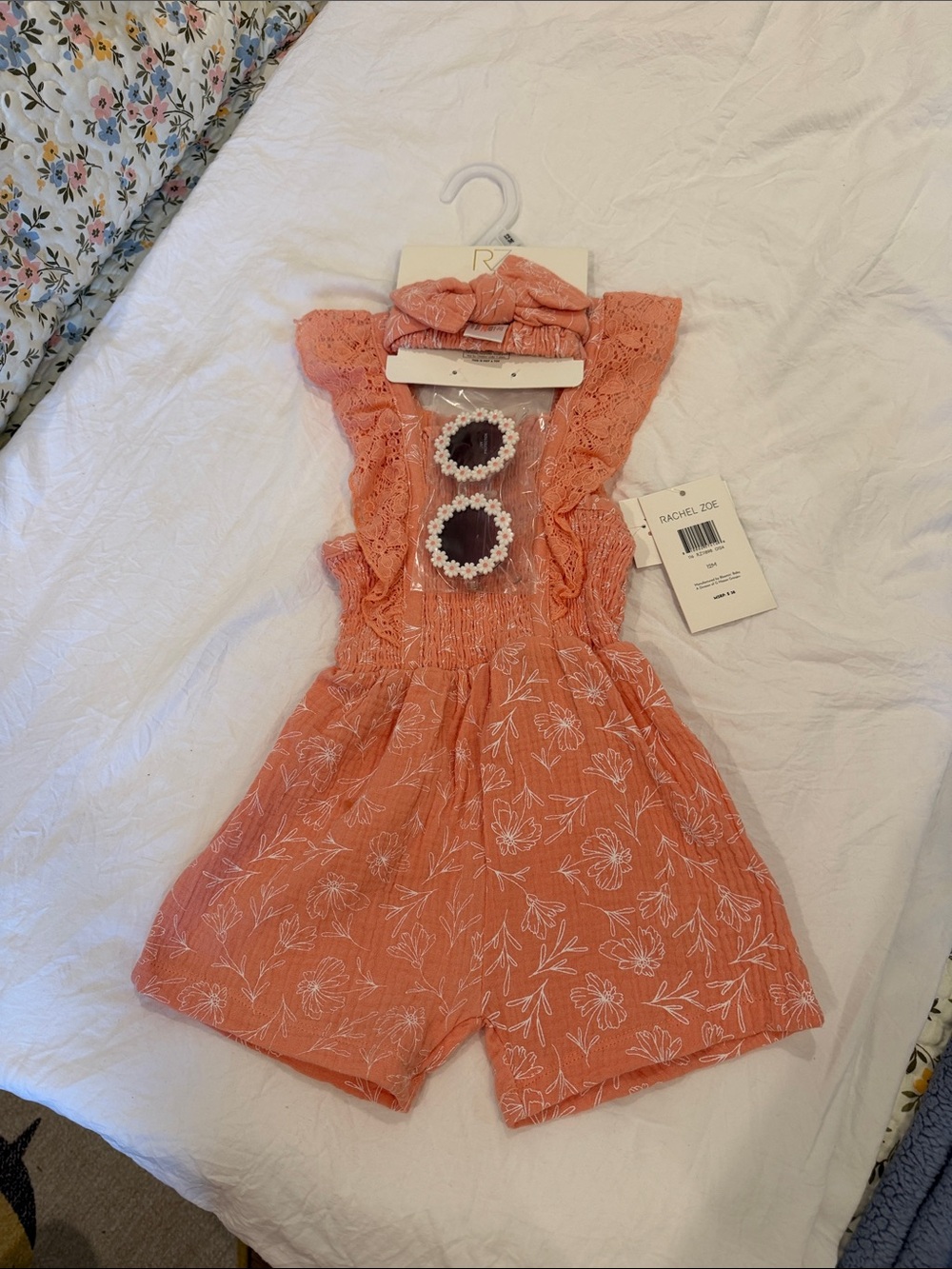 Rachel Zoe Girls' Coral Lace Floral Romper with Matching Bow & Sunglasses